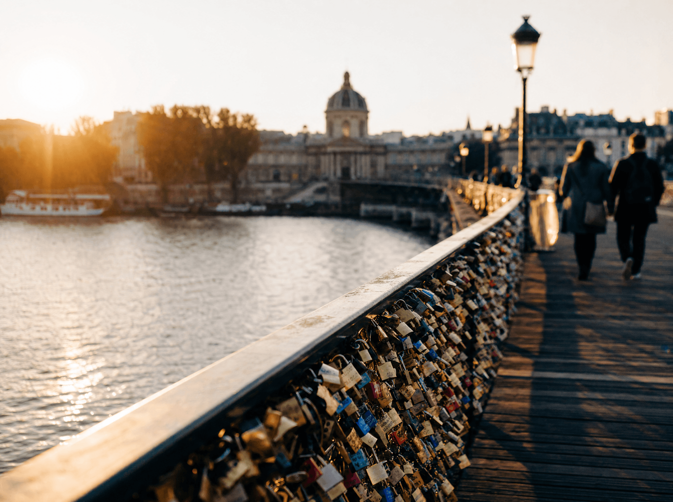 The Pont des Arts covered in love locks at golden hour, Eiffel Tower behind